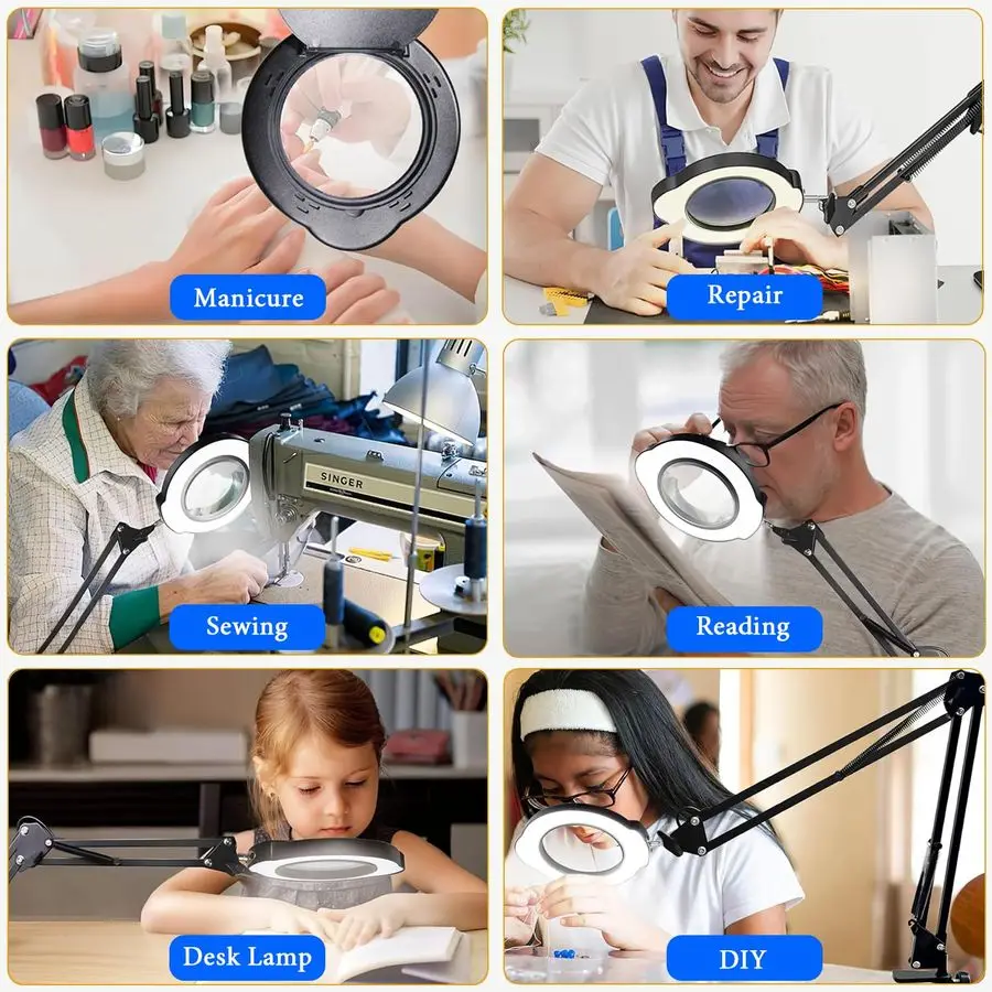 Magnifying Glass Desk Lamp with Clamp and Base, Real Glass Lens, 84 LEDs, 5 Color Modes Dimmable, Led Lamp Magnifier with Dust