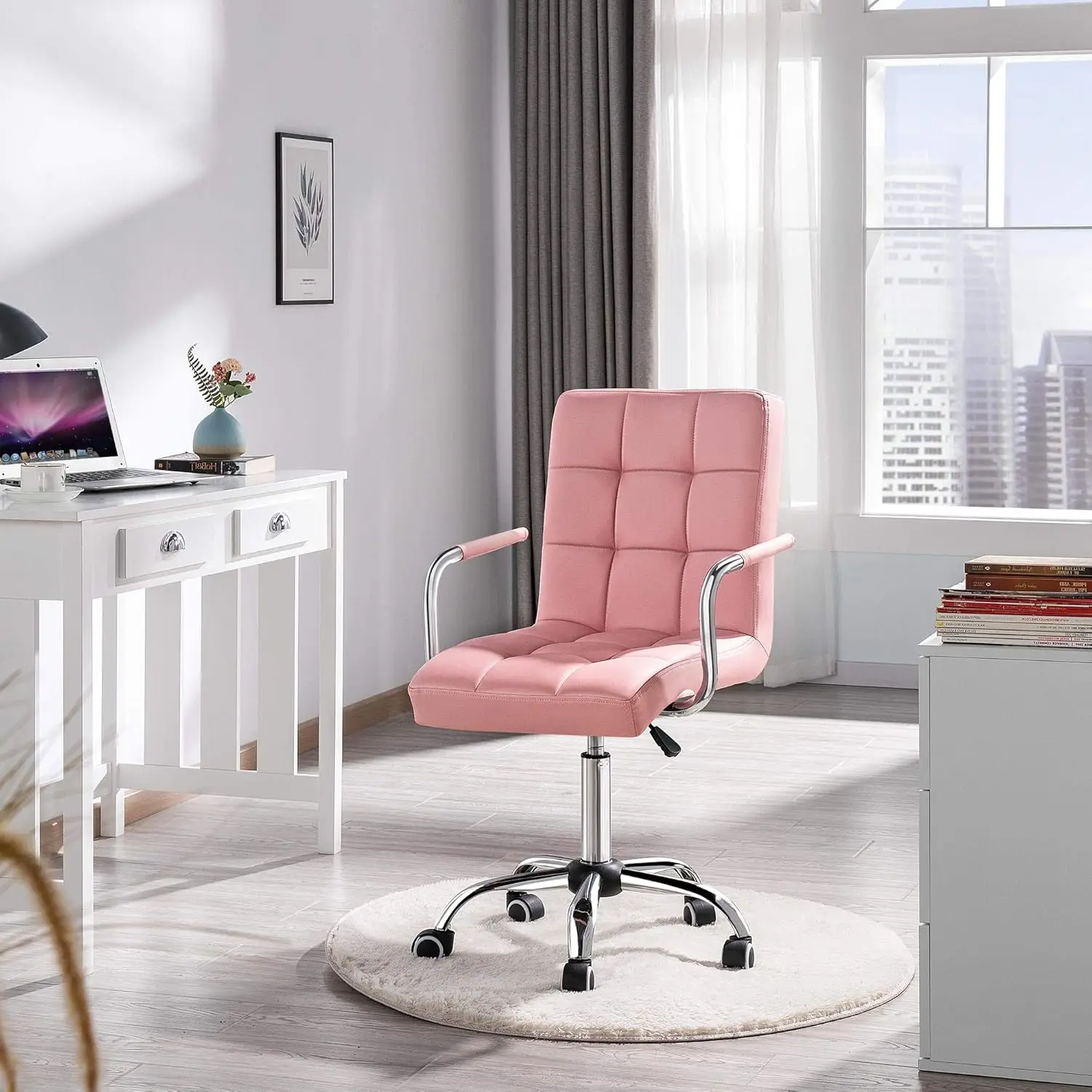 Modern PU leather office chair, with wheels/armrests, height adjustable, suitable for home and office use, with wheels, pink.