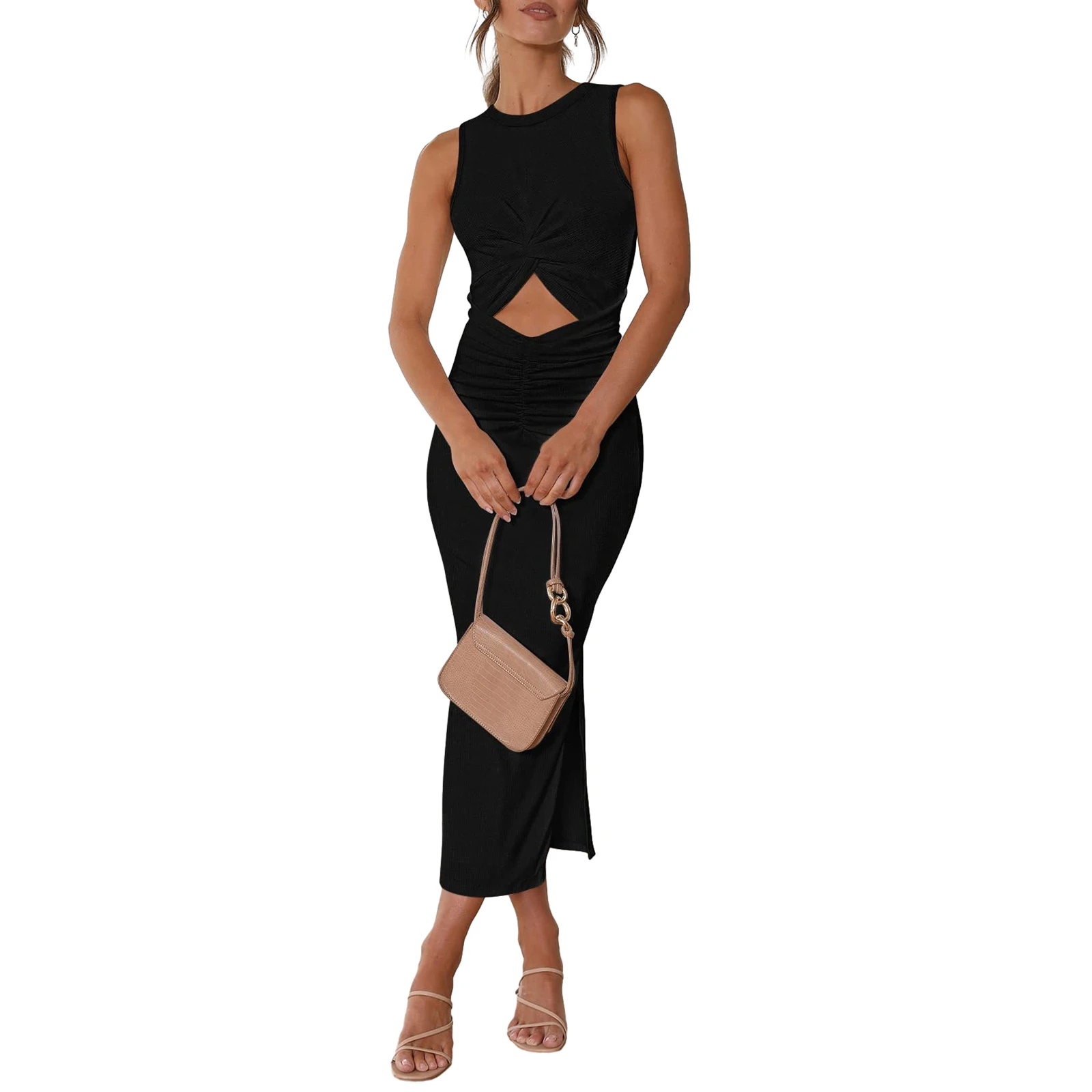 

Summer Fashion Slim Long Dress Women's Solid Color Sleeveless Crew Neck Ruched Hollow Elegant Party Dress