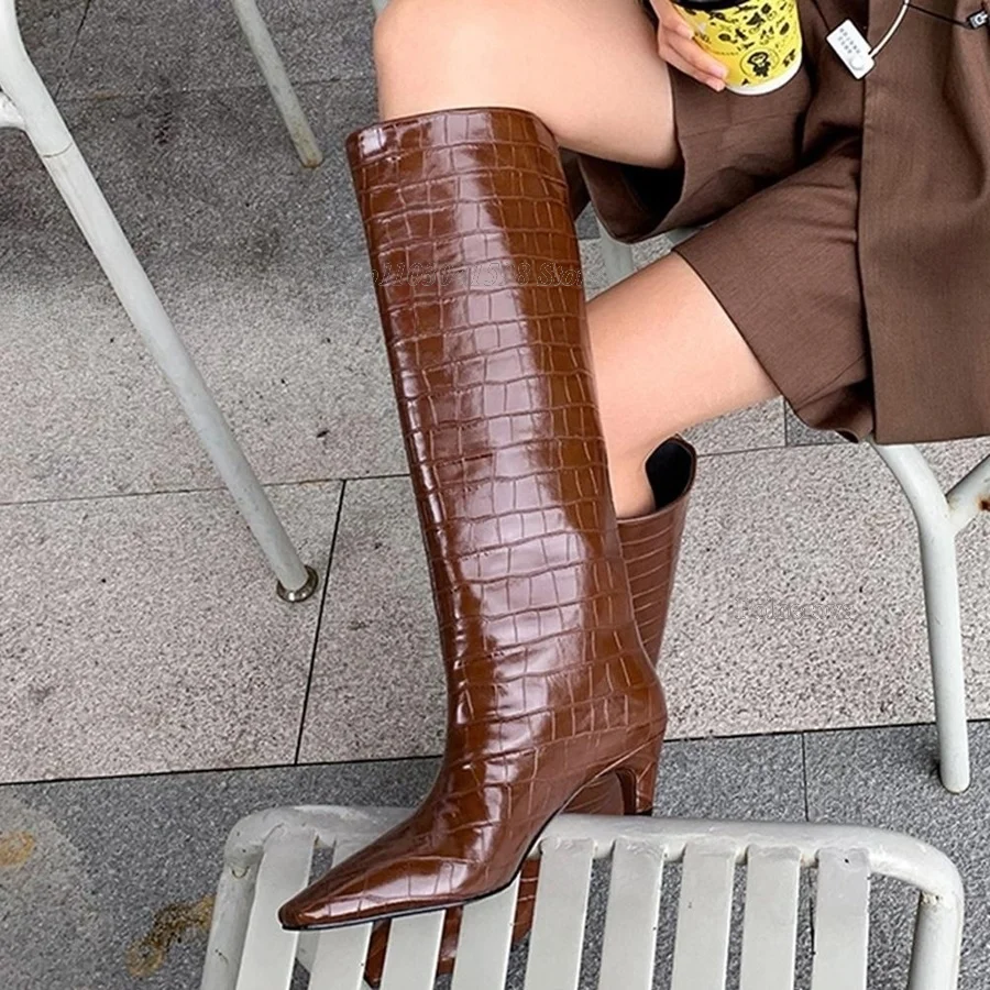 

Crocodile Leather Thigh High Boots Brown Pointed Toe Low Heel Knee High Women Boots Plain and Simple2023 New Zapatos Para Mujere