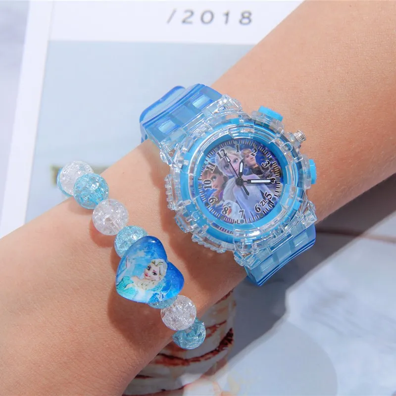 Disney Frozen Children Watches with Bracelet Anime Princess Elsa Girls Colorful Night Light Watch Bracelet Kids Toys Gifts