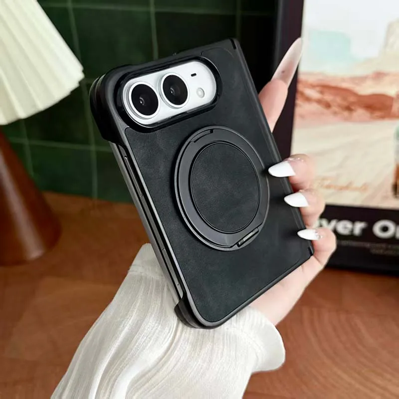 360 ° Rotating Bracket With Synthetic Leather And Hard PC 2-In-1 Folding Phone Case For IPhone Duo Compatible With Fro Magsafe