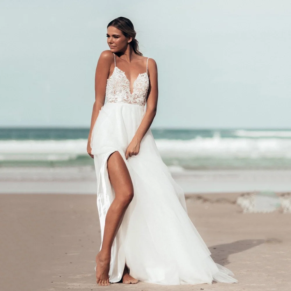 

Beach Wedding Dresses For Woman High Slit V Neck Boho Brides Dresses Lace Appliques Vestidos De Novia Bridal Dresses Customized