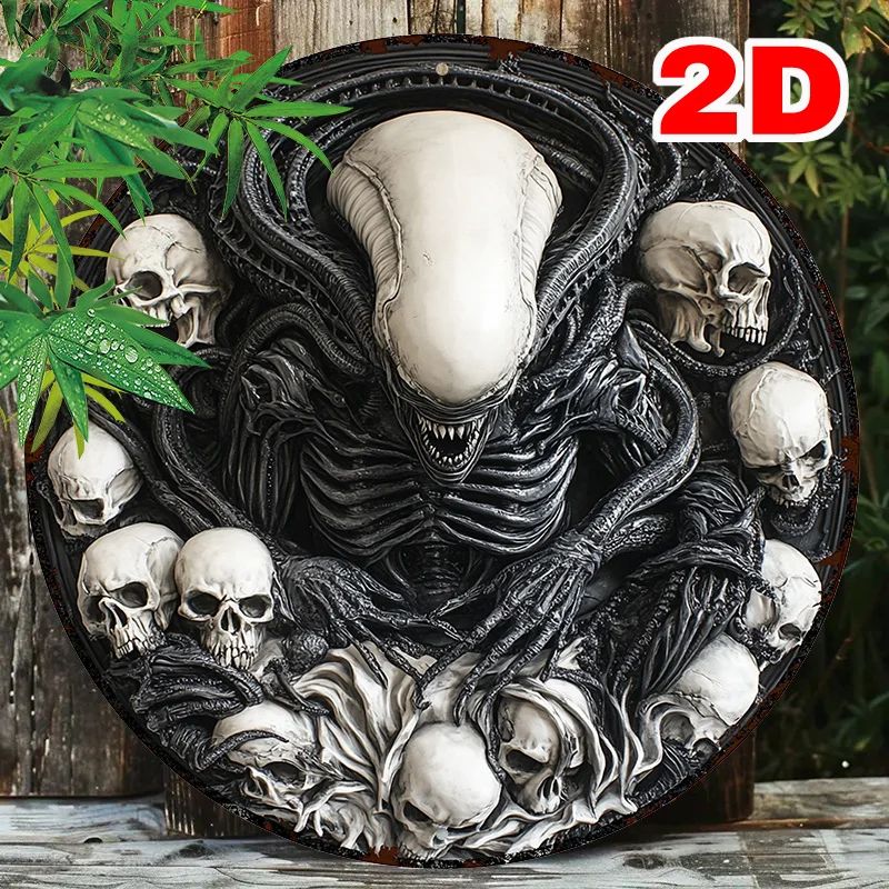 2D 1pc, 2D Alien Theme Round Aluminum Sign, Vintage Metal Wall Decor, Retro Funny Home Living Room Bedroom Decoration, Halloween