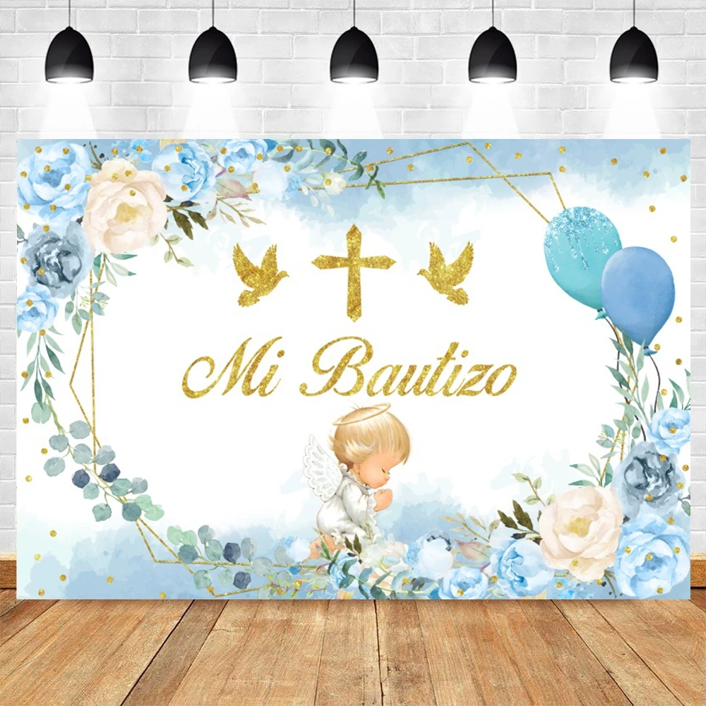 Baby Baptism Photography Backdrop Mi Bautizo Boy Girl Christening Baby Shower First Holy Communion Gold Cross Photo Background