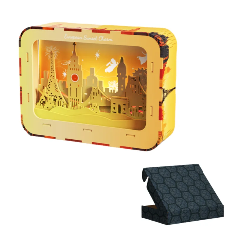 

​Creative Night Light Wooden Blocks Set 3D Puzzle European sunset style scene Model Kit Educational Building Toys Birthday Gift​