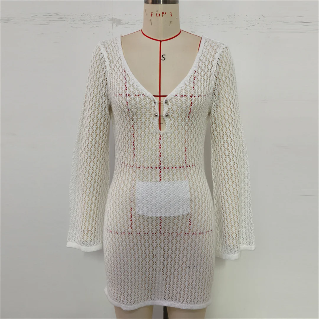 V-Ausschnitt, lange Ärmel, mit Ausschnitten versehene, gehäkelte Tunika, Strandkleid, Strandmode, Damen V7643 – Detail 20