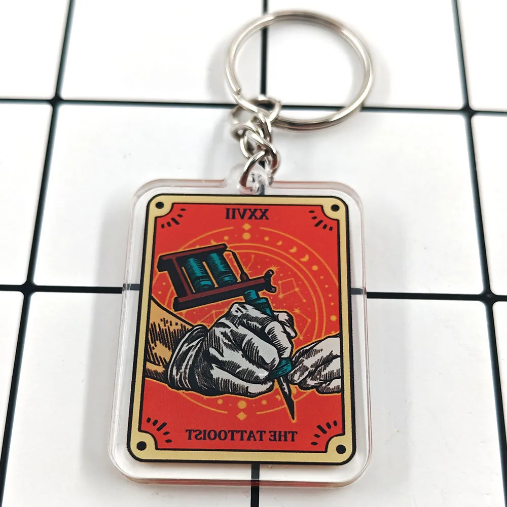 Tattoo Artist Tarot Card Keychain Vintage Printmaking Style Professional Guardian Pendant Tattoo Enthusiasts Decorate Key Ring