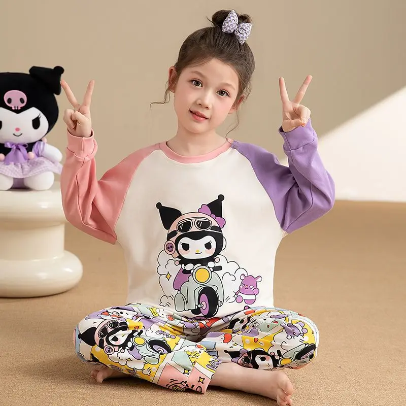 

Girls Boys Kawaii Sanrio Anime Kuromi Children Long Sleeve Casual Pajamas Spring Autumn Cute Cartoon Fashion Hoodie Pants Gifts
