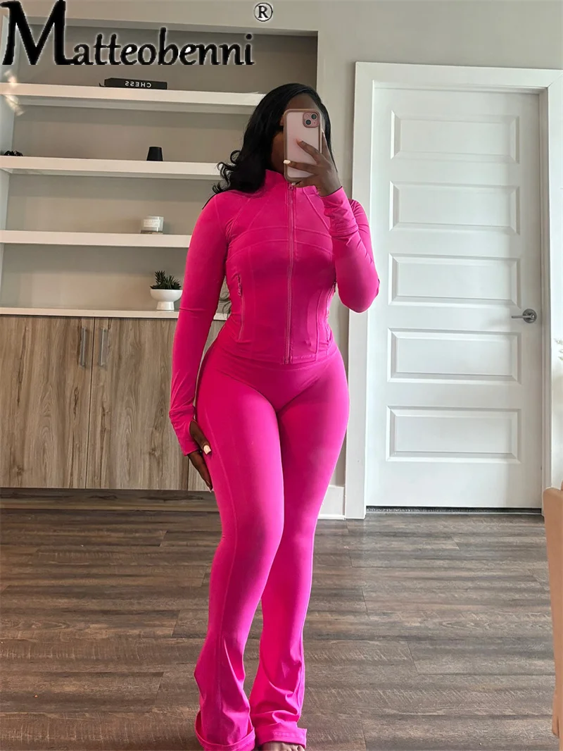 

2025 Sporty Casual Long Sleeve Zipper Solid Two Pieces Set Women Spring Autumn Workout Sexy Skinny Tops And Pants Matching Set