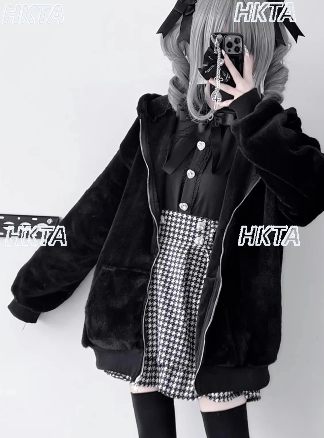 Japanese 2026 New Subculture Loose Versatile Hooded Jackets Female Punk Goth Y2k Cute Cartoon Zipper Pocket Fur Black Coat Women