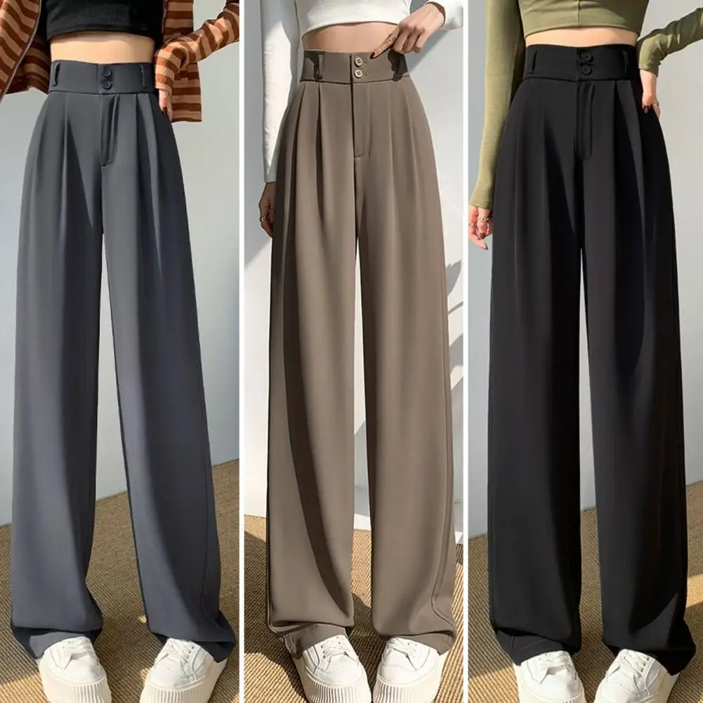 Women High Waist Suit Pants Elegant High Waist Women's Suit Pants with Button Zipper Closure Straight Wide Leg Trousers for Work