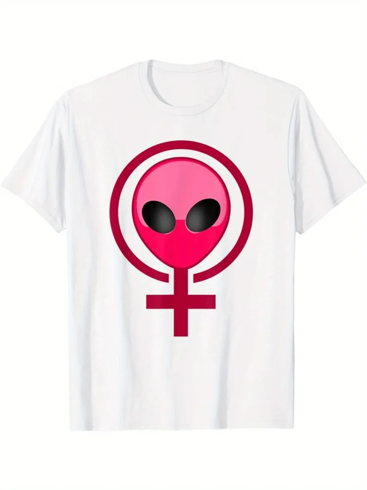 

Alien Feminism Symbol T-Shirt Women's Short-Sleeve Crew Neck Casual T-Shirt Suitable for All Seasons Bold Pink and Black Design