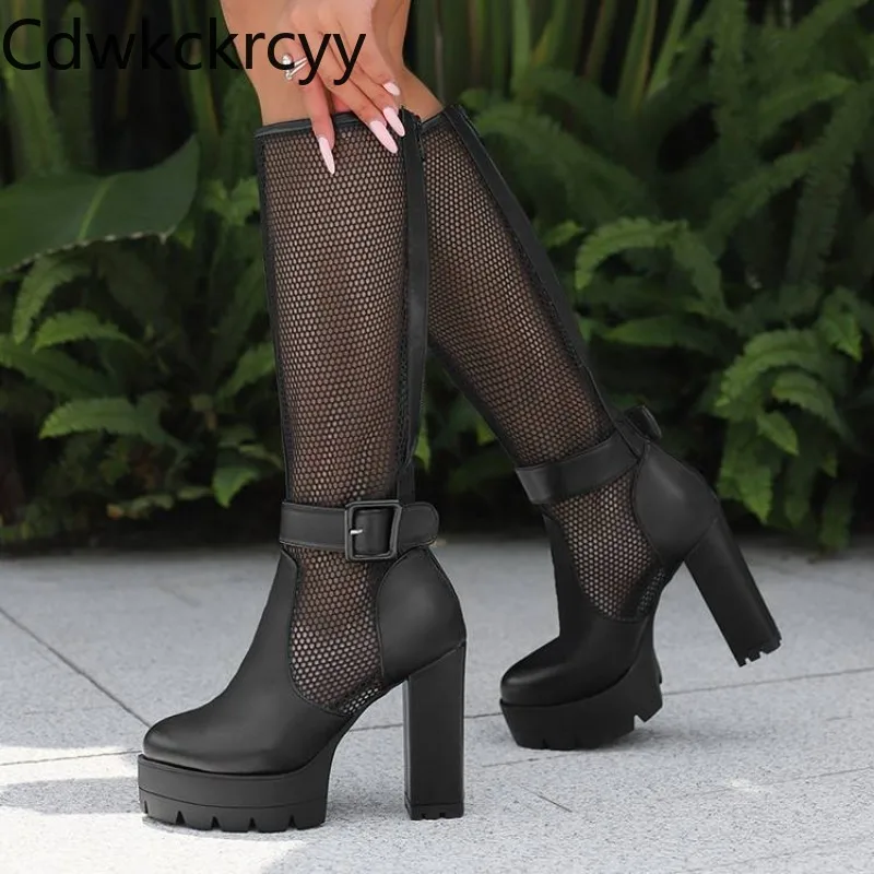 Frühling und Sommer Neue stil mode mit hohen absätzen frauen Stiefel Runde kopf mesh atmungsaktive sexy quadratischen absatz frauen coole stiefel