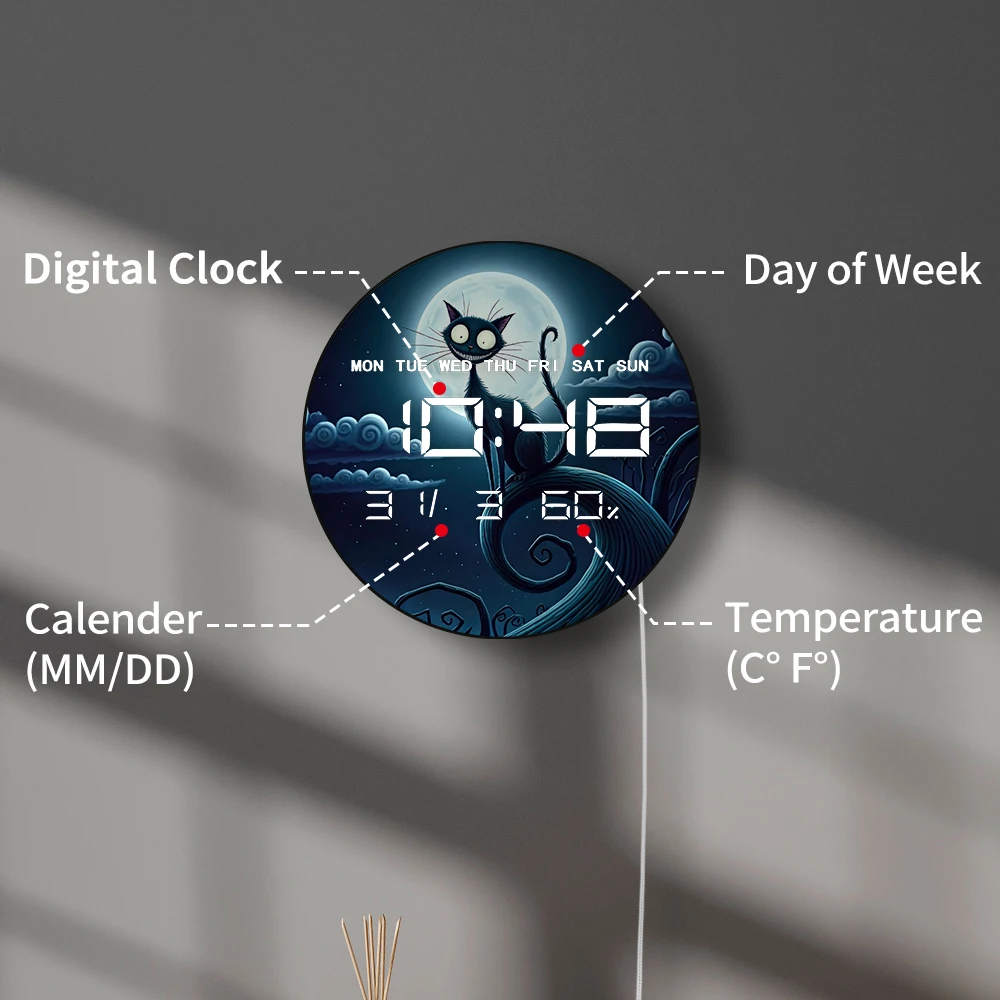 ساعة حائط رقمية من شيشاير كات مع قمر LED ديكور منزلي كرتوني ساعة حائط إلكترونية مع تقويم تاريخ درجة الحرارة والرطوبة