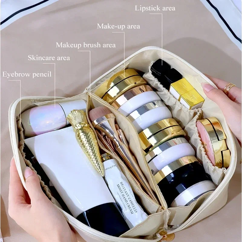 Bolsa de cosméticos de viaje de cuero de gran capacidad, estuche de maquillaje portátil para mujer, organizador de artículos de tocador multifuncional impermeable, bolsa de almacenamiento