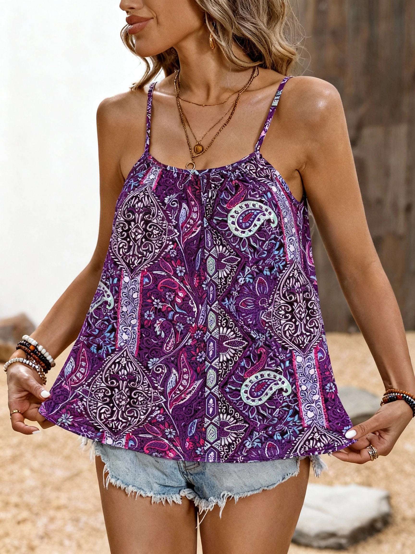 

Женский топ на бретельках больших размеров в стиле бохо фиолетового цвета, жилет без рукавов с цветным этническим принтом и завязкой спереди, укороченный для летнего пляжного отдыха