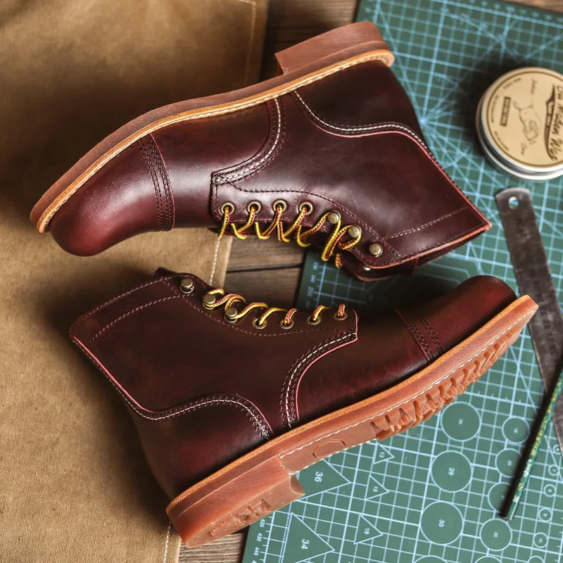 Men Ankle Boots Retro Handmade Design Genuine Leather Work Boots Men Fashion Lace Up High Quality Men's Western Tooling Boots