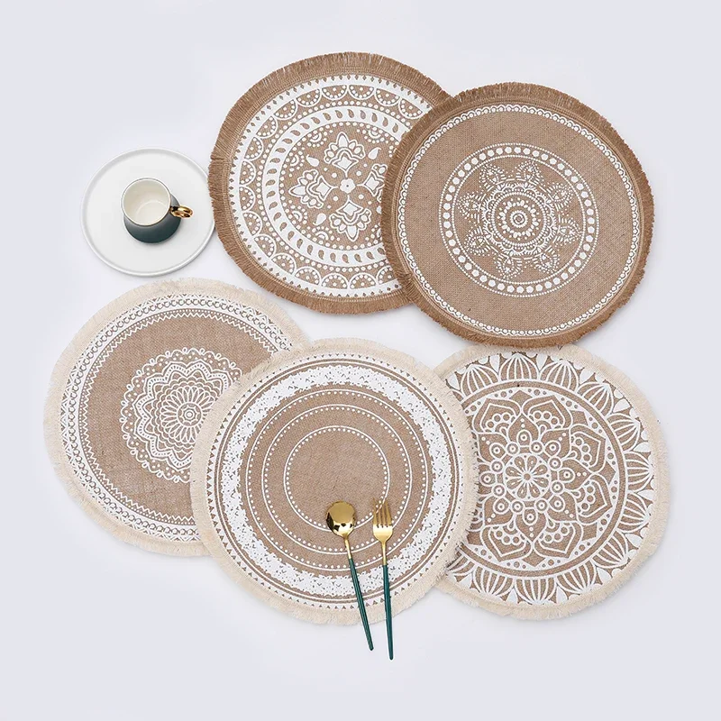 Floral ROUND Cotton and Linen Placemat for Dining Table Mat for Coffee Tables Tableware Plates Kitchen Accessories Home Decor