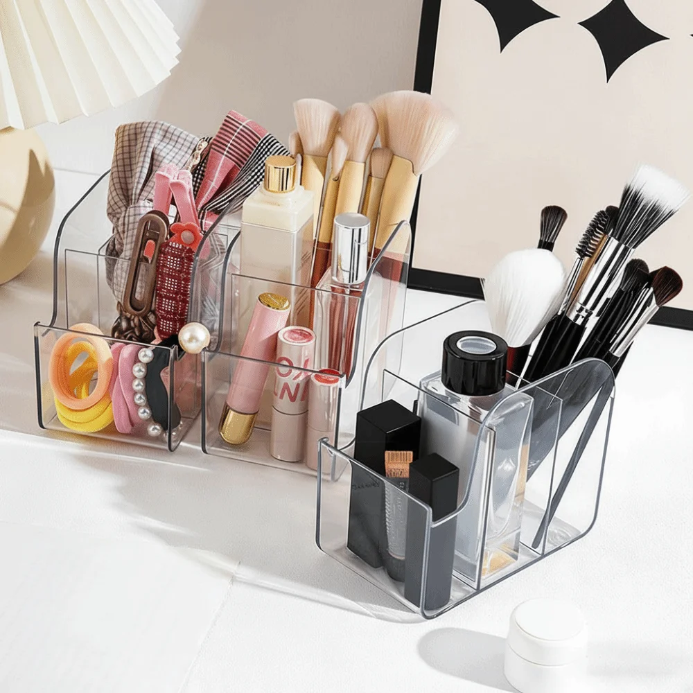 New Transparent Desk Stationery Storage Box INS Style 3 Grids Pen Holder Large Capacity Pencil Container