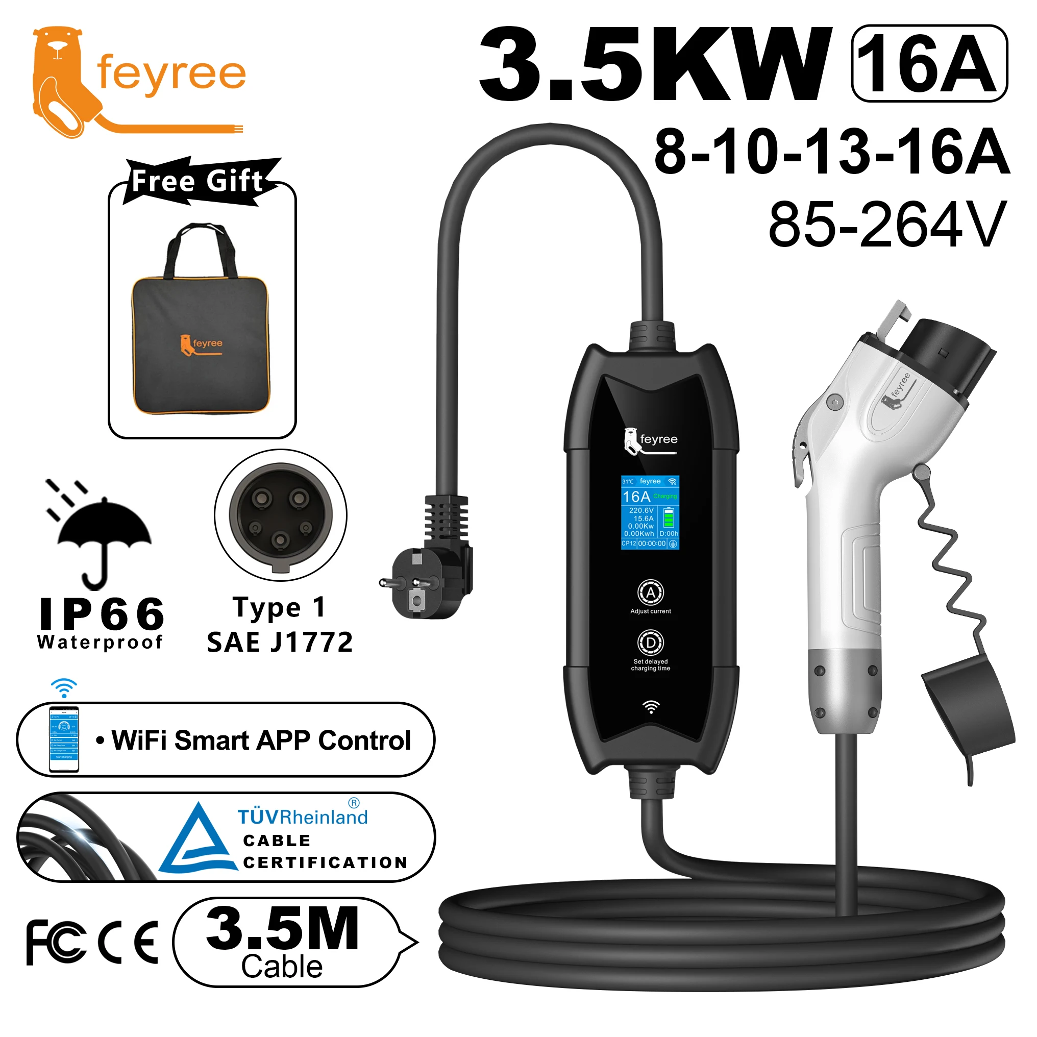 شاحن EV محمول من feyree Type1 كابل 3.5 متر مع WIFI Amart APP Control 16A 3.5kW مجموعة شحن ووقت تأخير لسيارات EV #2