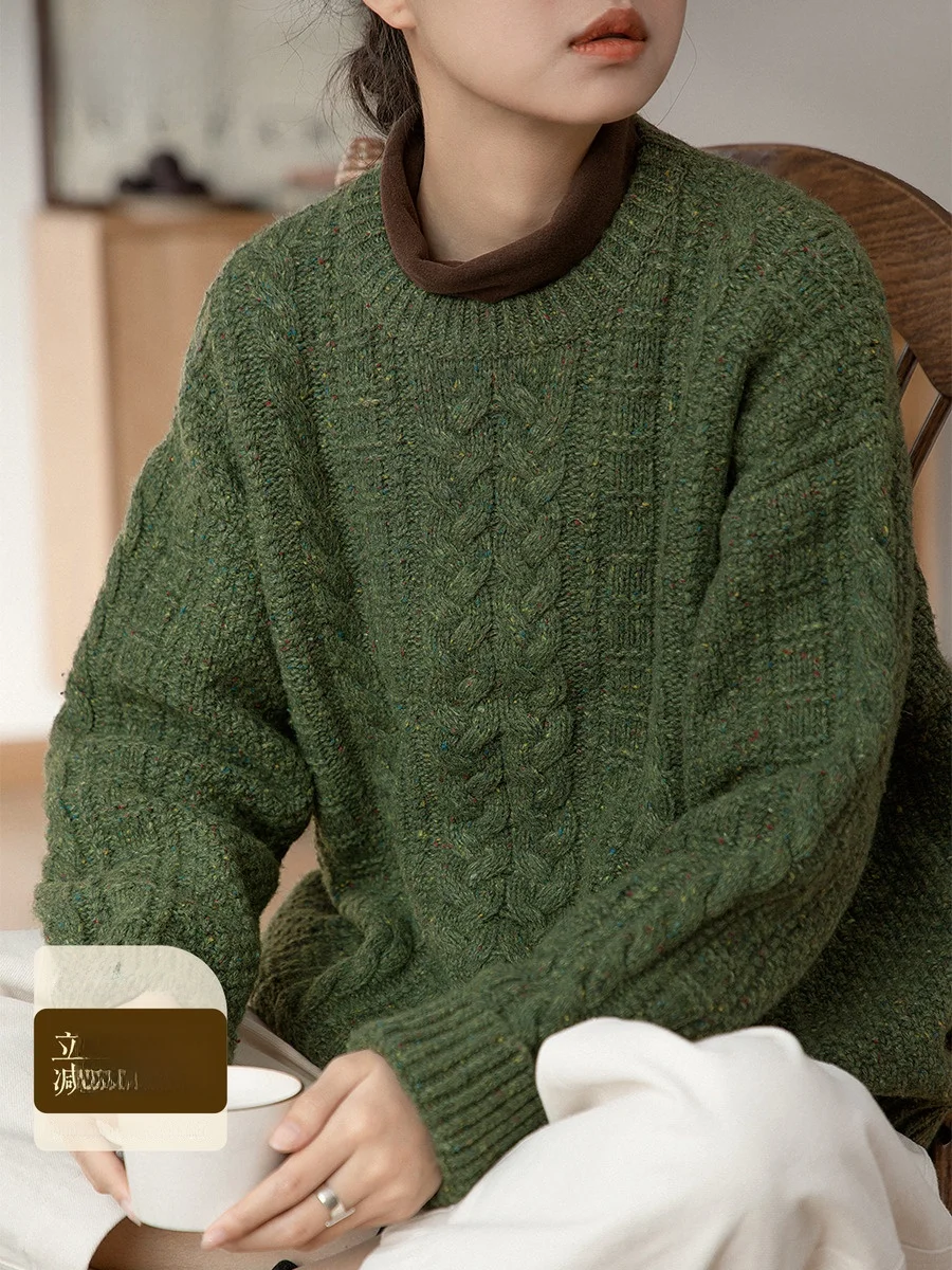 

Original Retro Artistic een Sweater Women's Autumn Winter Thiened Loose Slim Knitted Woolen Top round Ne Wool Blend