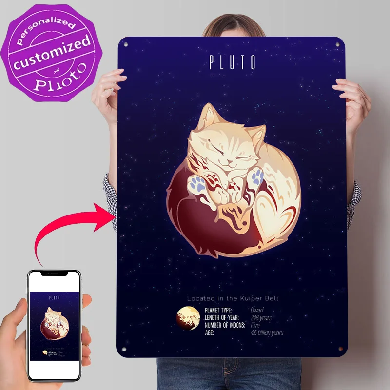 Pluto Cat Planet Personalized 3D Textured Metal Poster Wall Art Vintage Tin Signs for Home Decorations Living Room Wand Deko