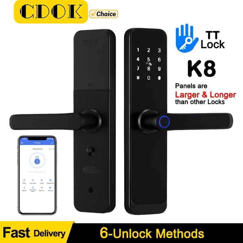 CDOK K8 TTlock Bluetooth smart lock fingerprint lock digital electronic lock with longer and larger handle panel