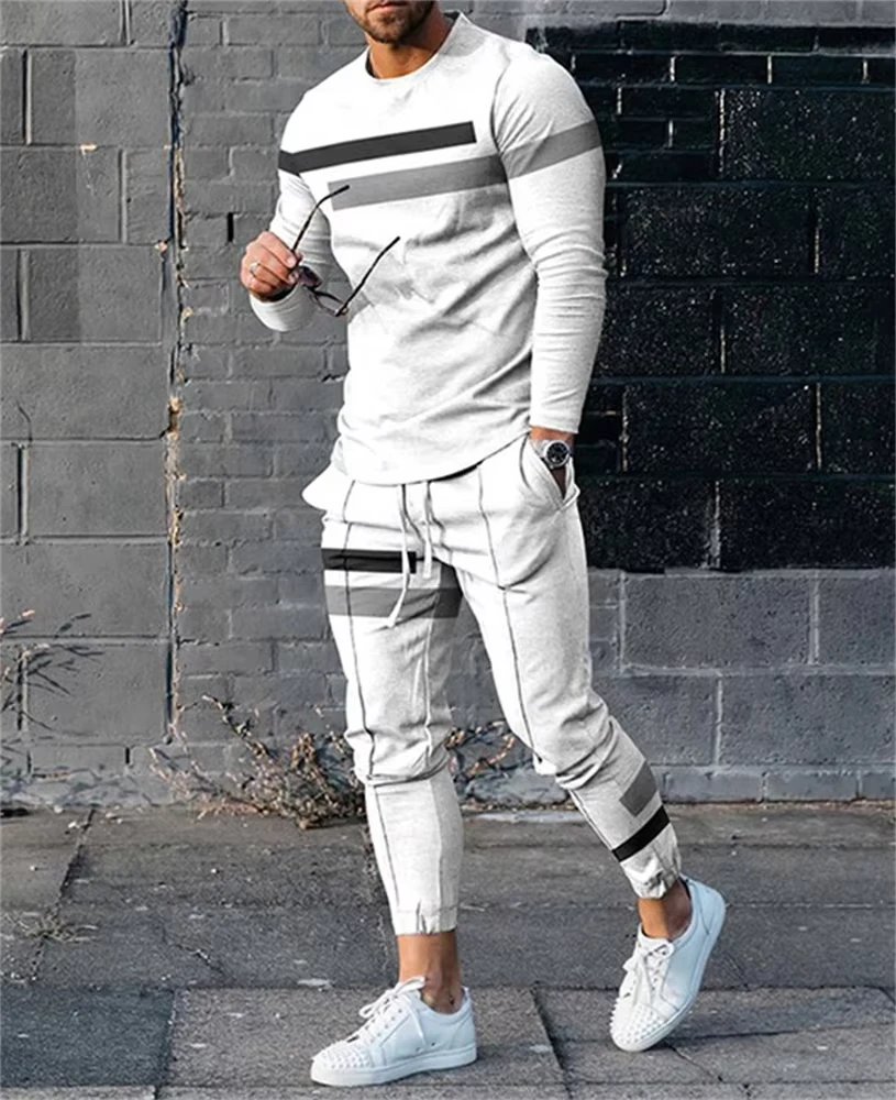 Summer Men\'s 2 Piece Sets Tracksuits Long Sleeve T Shirt+Long Sweatpants Set Streetwear Sportstreet Men Oversized Men Clothing