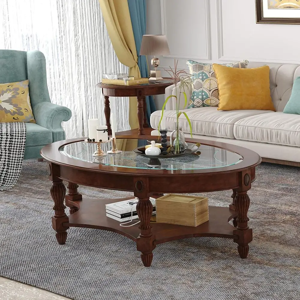 Solid Wood Oval Coee Table with Glass Top&Shel, 44.9
