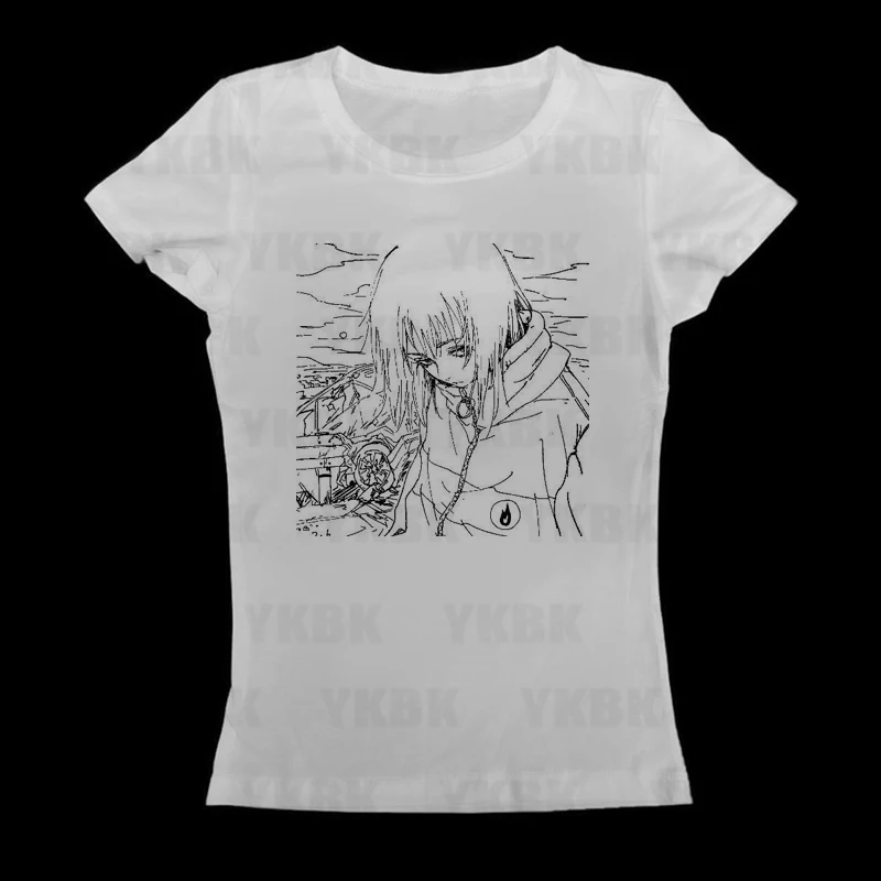 جرافيك هاراجوكو طباعة رسالة أنيمي كم طويل المرأة تي شيرت 90s الملابس خمر النساء الإناث Trashy Y2k 2000s بلايز القوطية