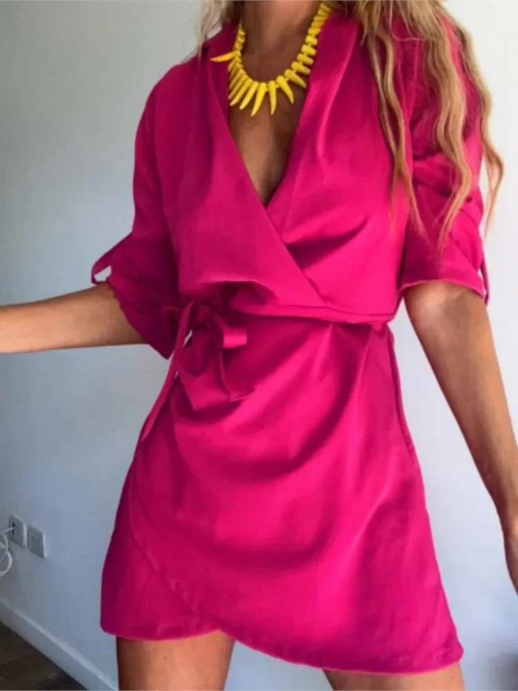 Vestido camisero elegante con cuello en V para ir al trabajo, vestido camisero liso con cordones, vestido de fiesta ajustado informal de media manga, Vestidos huecos para mujer