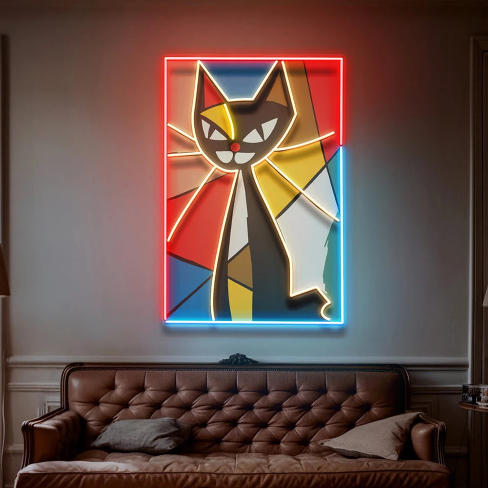 Colorful Cat Neon Sign Custom Abstract Painting Art Neon Bedroom Living Room Home Wall Decor Signs Cute Anime Neon Light Lamp