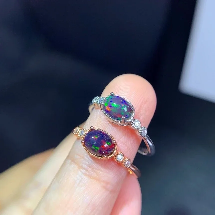 Beautiful Black Opal Ring for Women Real 925 Silver Natural Gem Birthday Party Gift Be Quiet with Good Luck Birthstone