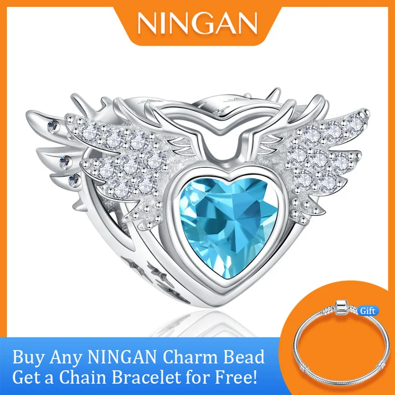 

NINGAN 925 Sterling Silver Birthstone Heart Charm Women Bracelet Beads Necklace Angel Wings Sky Blue Zircon Pendant