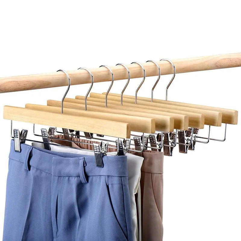 5PCS Thick Raw Wood Pants Clip Hanger, Square Rod & Inverted Hook Design, Anti-slip Wooden Rack for Hotel Room and Household Use