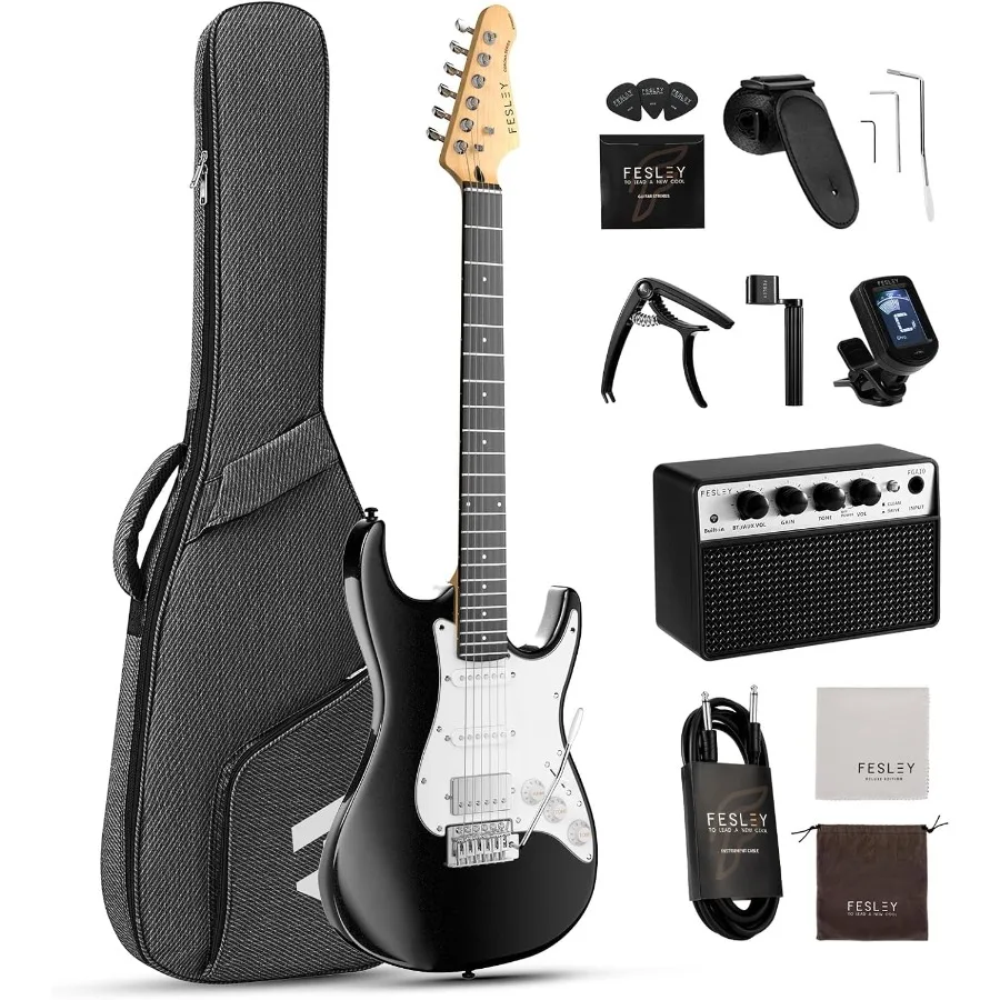 

39 Inch Electric Guitar Kit with HSS Pickup Full Size Solid Body Guitar in Black for Beginners with Amplifier Bag Strap Strings