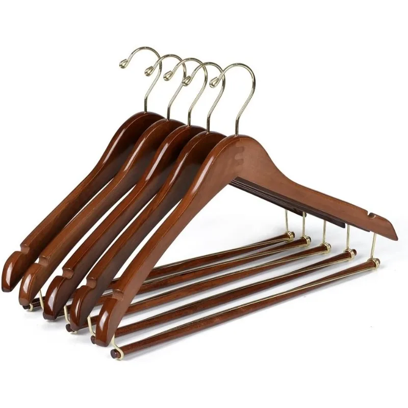 

10 Curved Wooden Hangers Beautiful Sturdy Suit Coat Hangers with Locking Bar Gold Hooks Walnut Finish (10)