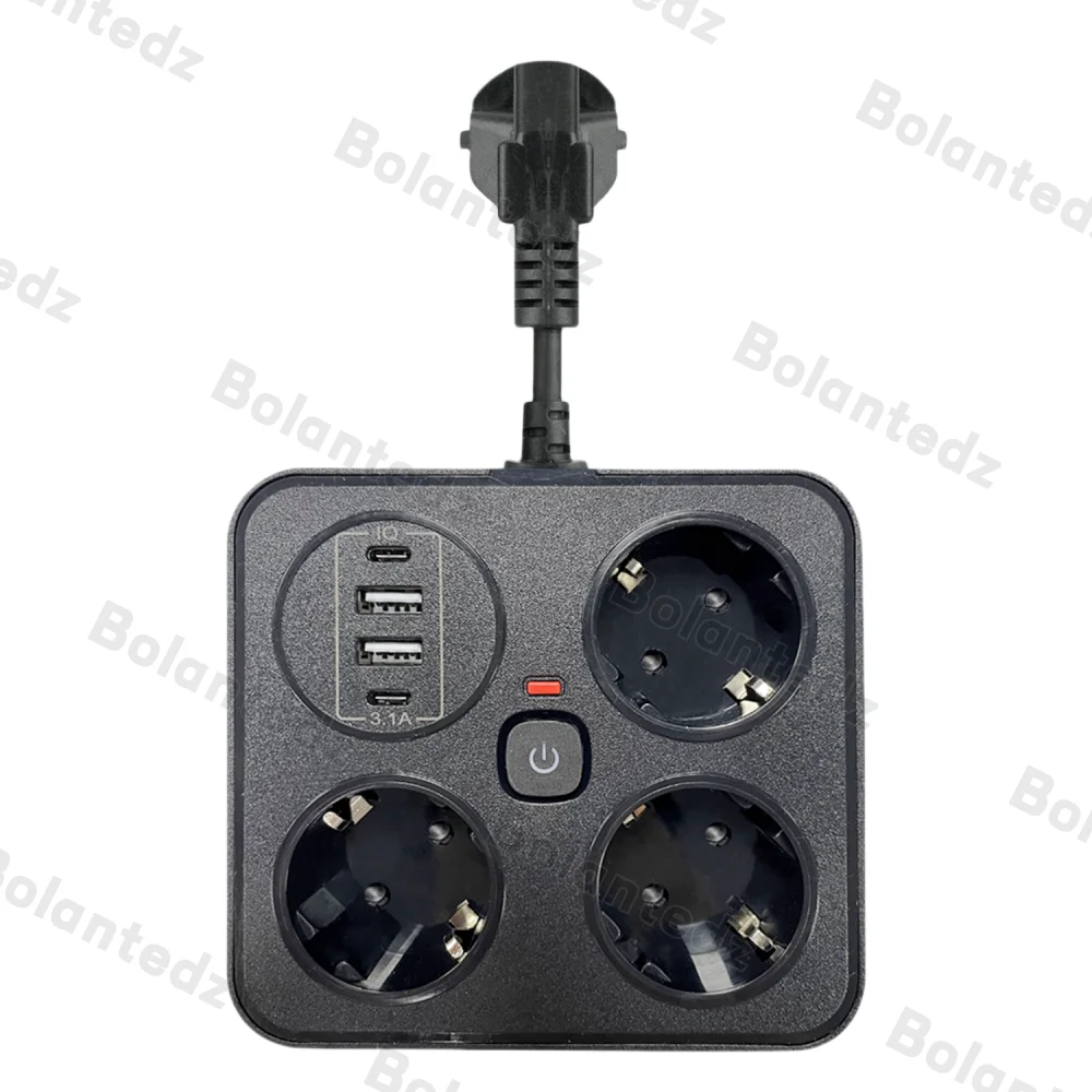 Schuko Plug 3AC European Power Socket with 2USB 2Type-C Port Overload Protection German Power Strip for Household Hotel Bedrooms