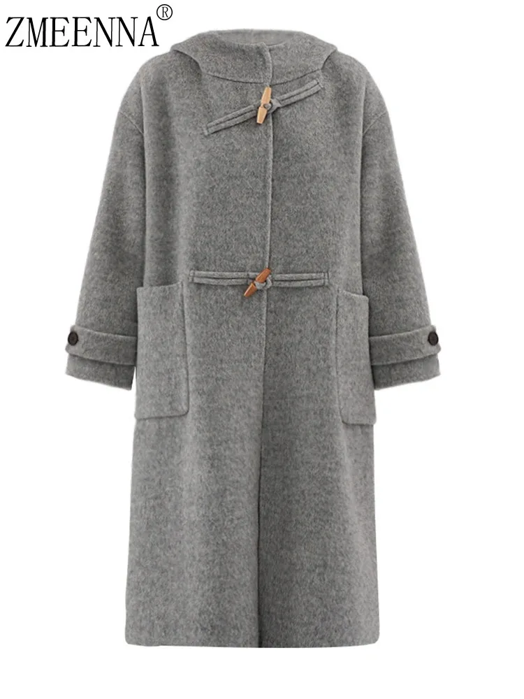

ZMEENNA Серый Рог Пряжка Большой Размер Элегантное Шерстяное Пальто Новая Женская Куртка С Капюшоном и Длинным Рукавом Fashion Tide Осень Зима 2024 ZM452