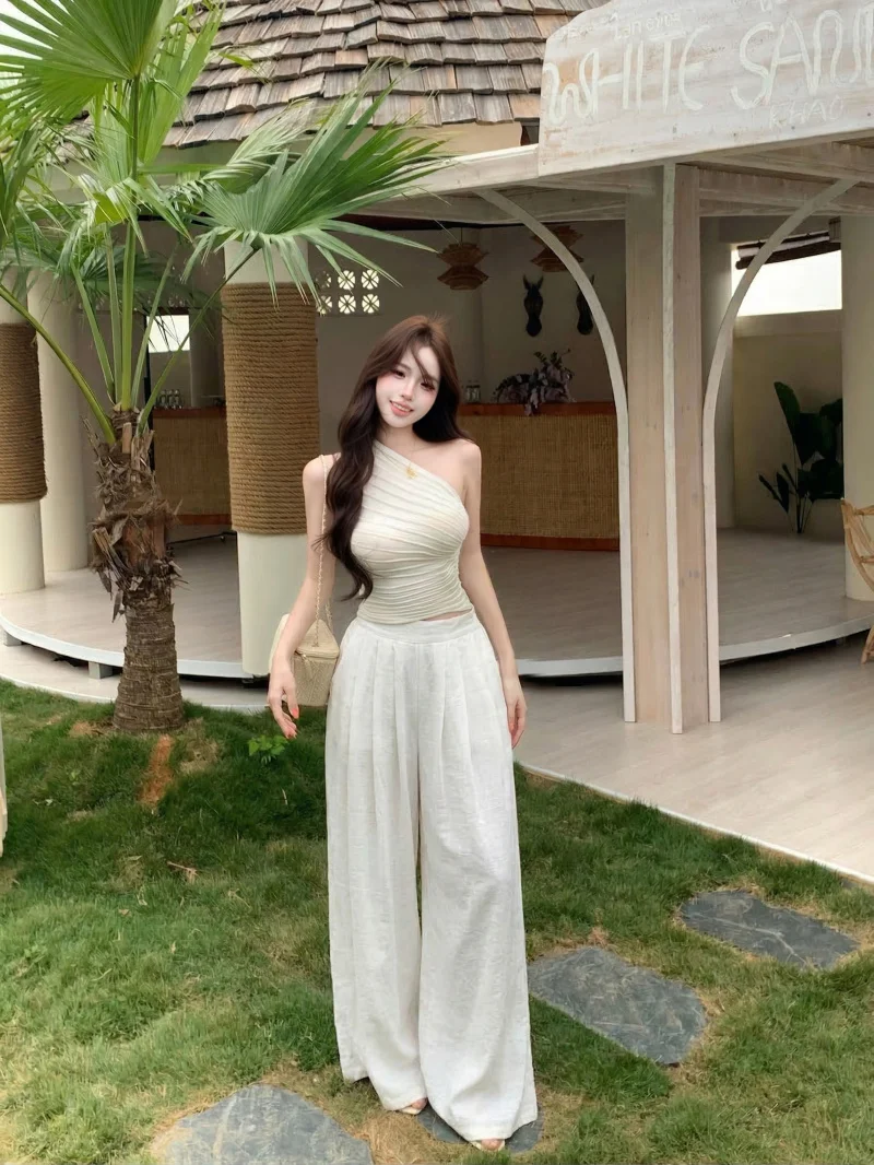 

Kumikumi Pure Desire Style Women's Summer High Waist Slim Fit Two-Piece Set Sleeveless Tank Top And Wide Leg Pants