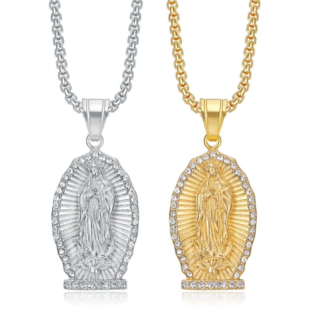 

Religious Iced Out Bling Virgin Mary Pendant Female Stainless Steel Christian Our Lady Madonna Necklace for Women Jewelry Gift