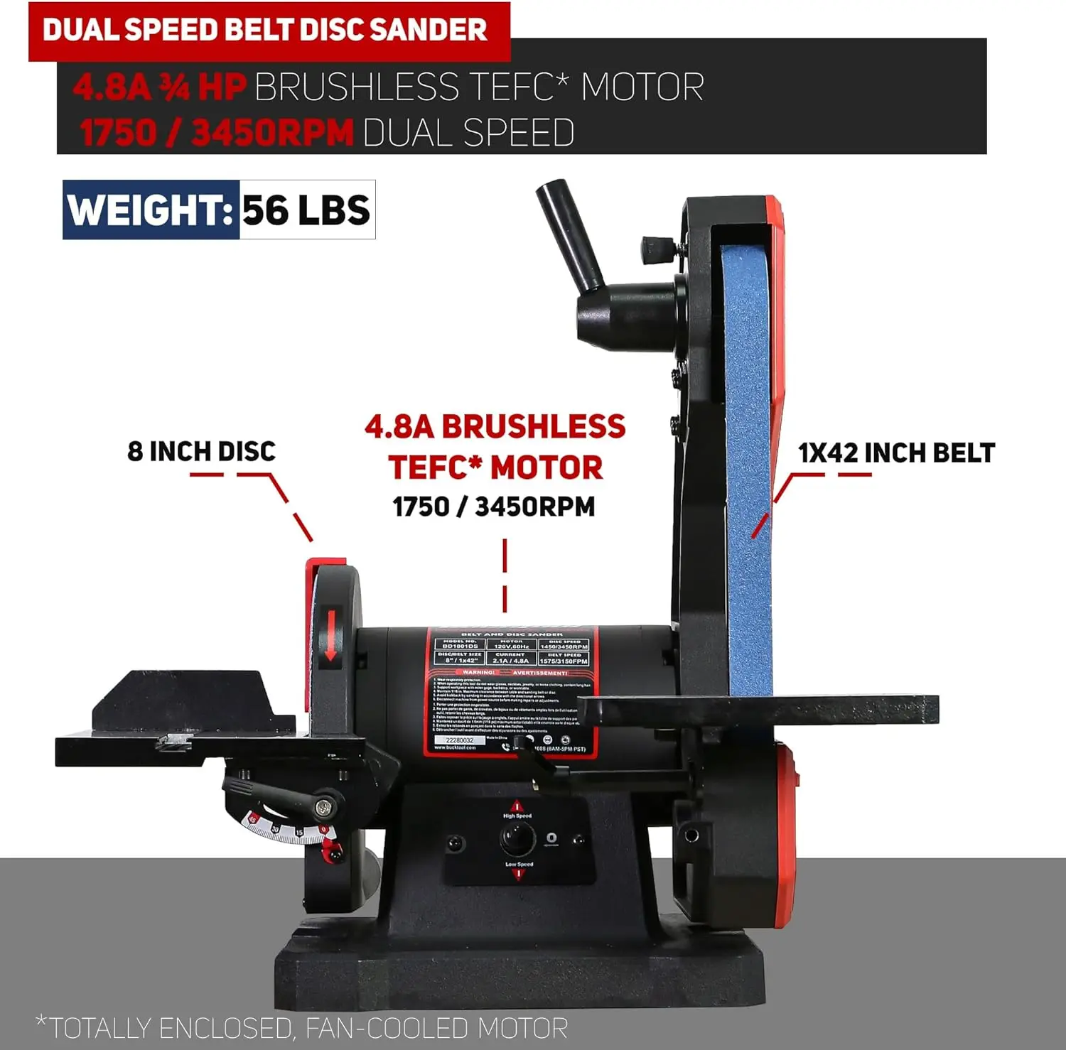 BUCKTOOL-Dual Speed Belt Disco Sander Combo, Afiador de facas com mesa de trabalho grande, 1x42"