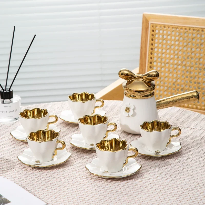 Ceramic Coffee Cup and Saucer Set, Hand-squeezed Flower Tea Cup and Pot Set, Middle Eastern Coffee Cup and Saucer Set.