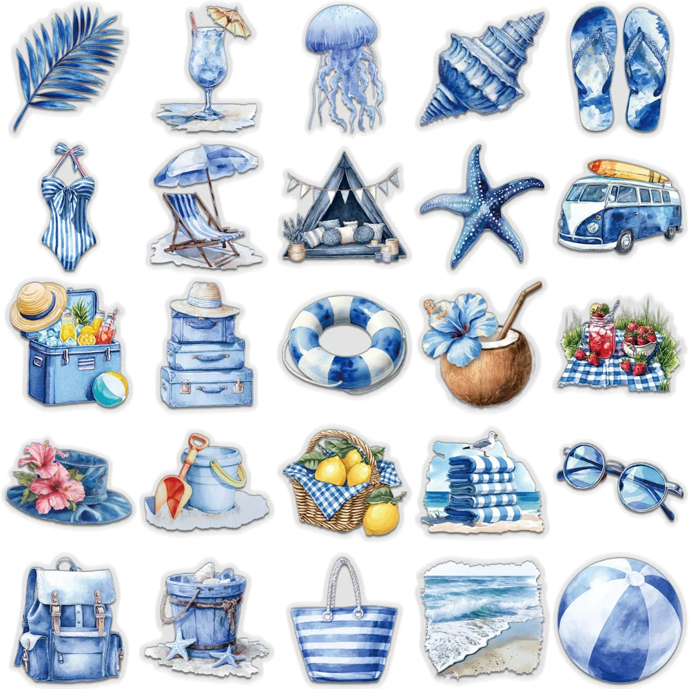 10/30/50 Uds. Pegatinas de dibujos animados azules de playa de verano estilo Ins pegatinas de grafiti estéticas cuaderno teléfono guitarra pegatina transparente para mascotas