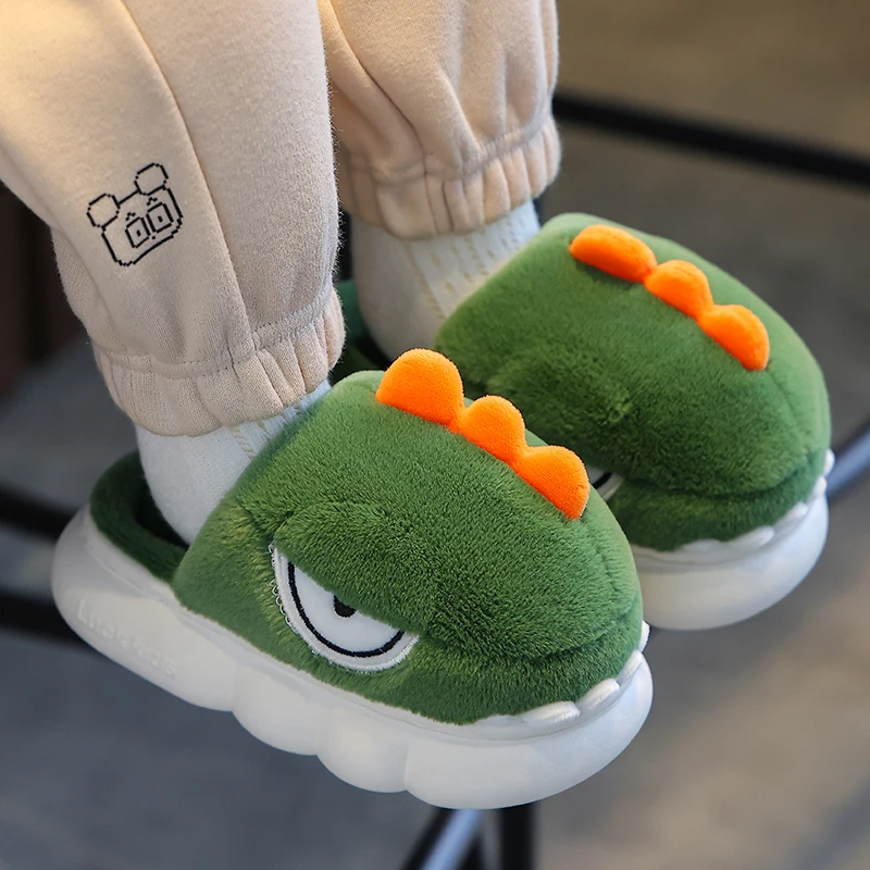 Winter Warm Plush Slippers Children\'s Funny Cartoon Dinosaur Non-slip Soft Sole Kids Baby Boys Girls Indoor Home Cotton Shoes