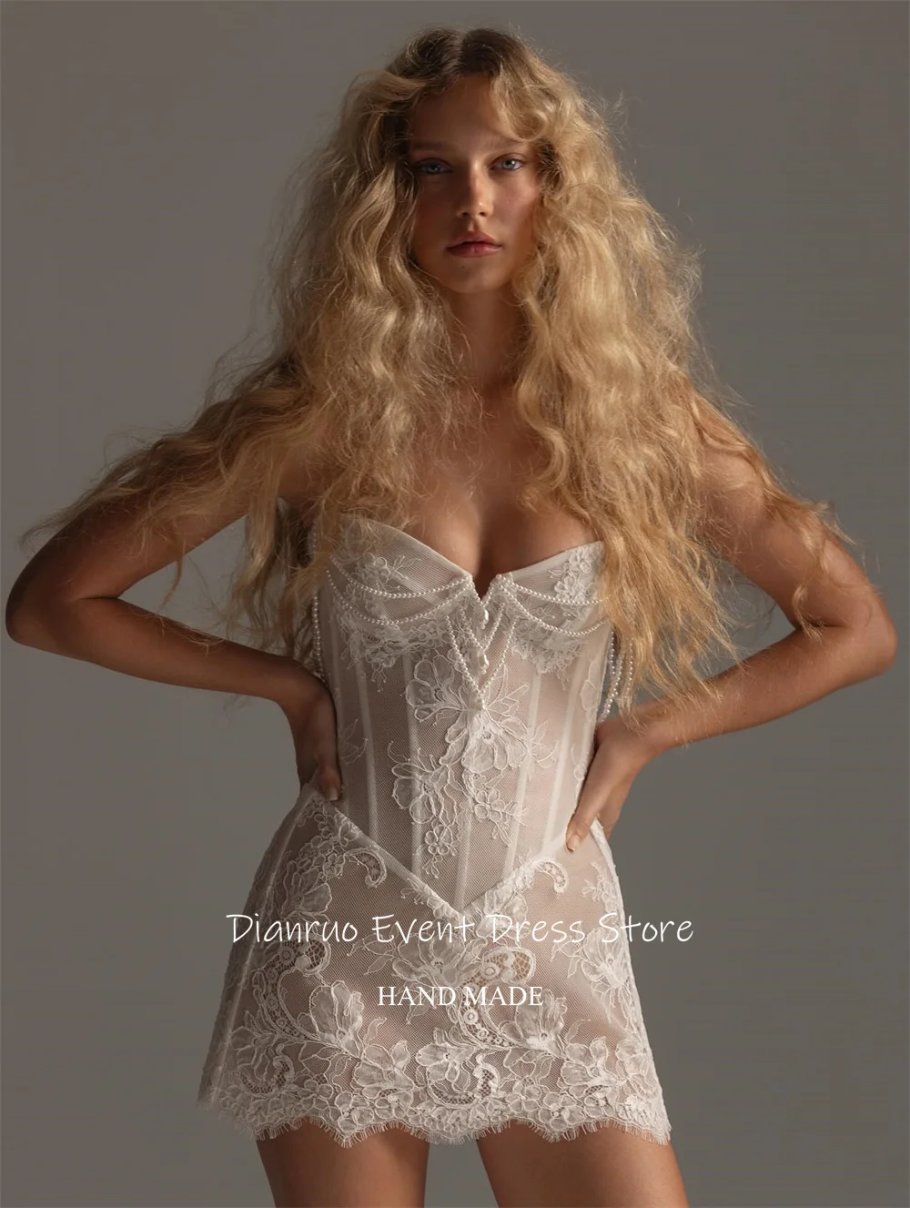 Dianruo perles séduisantes robes de mariée chérie Mini longueur robe de bal Illusion Appliques à lacets robe de retour personnalisé