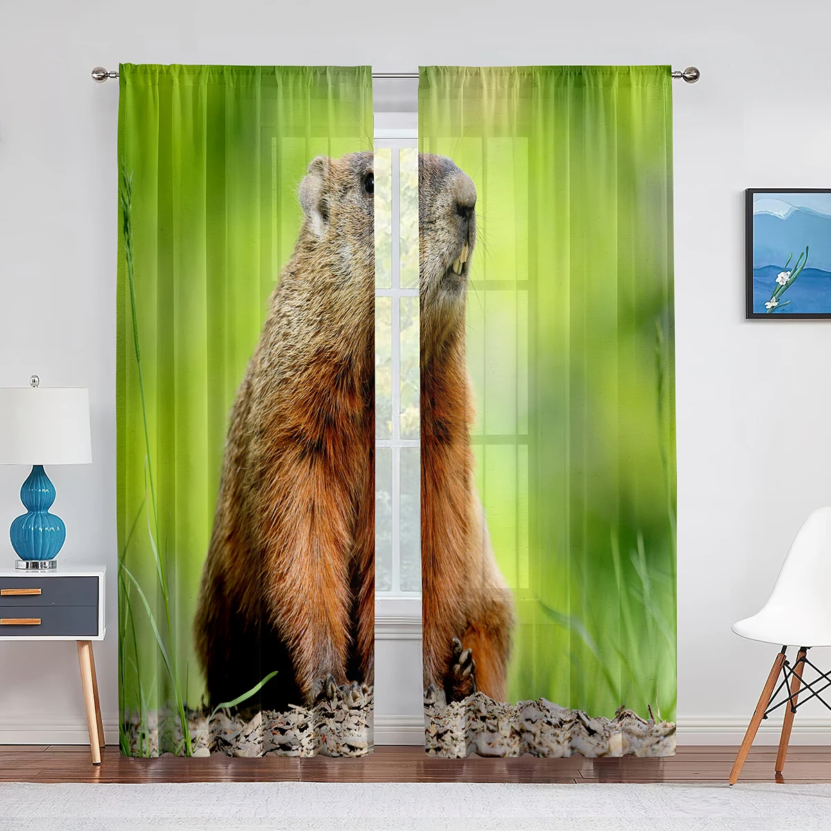 

Cute Marmot Green Sheer Voile Curtains for Bedroom Living Room Kitchen Decor Treatment Drapes Small Animal Chiffon Tulle Curtain