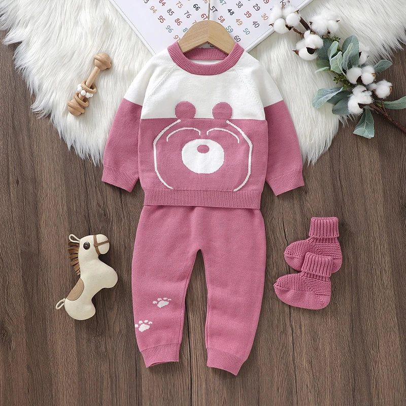 Baby Clothes Sets Knit Newborn Girl Long Sleeve Pullover Pants Shoes 3PC Cute Warm Infant Sweater Trousers Leggings Boots Autumn