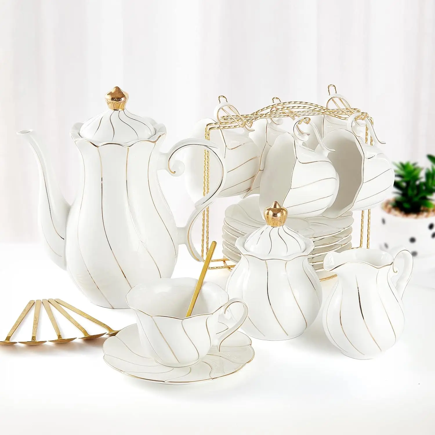 

22-Piece White Porcelain Tea Set for 6, Luxury British Style with Gold Trim, Elegant Tea Party Gift with Stand